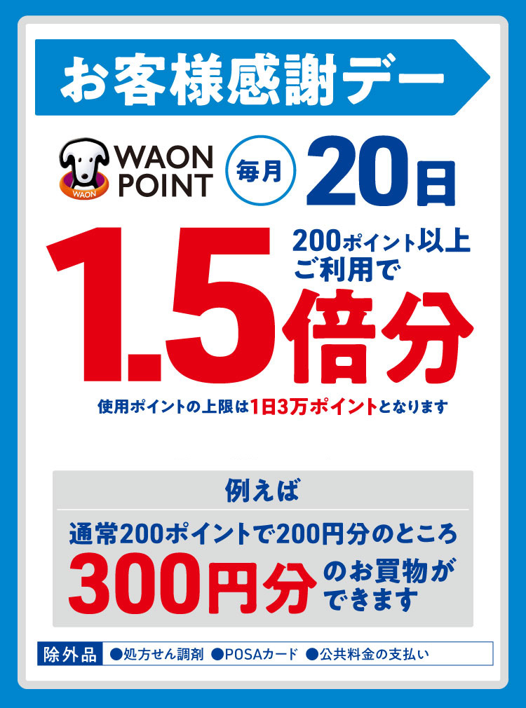 毎月20日はお客様感謝デー、200ポイント以上ご利用でWAON POINTが1.5倍分。例えば通常200ポイントで200円分のところ、300円分のお買い物ができます。